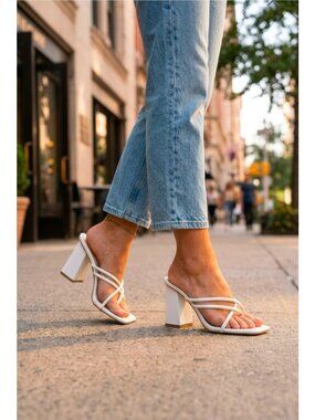 Strappy White Block Heel Sandals With Square Toe Design By Bella Marie